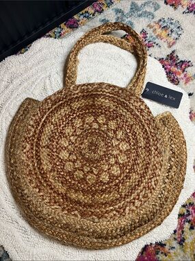 Chloe & Lex JUTE ROUND TOTE CARAMEL Brown Tan MANDALA Summer Beach Bag